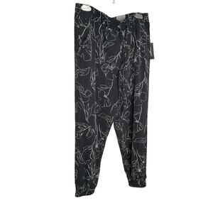 One By Chapter One Jogger Pants Floral Print Mid Rise Black Womens Size L NWT